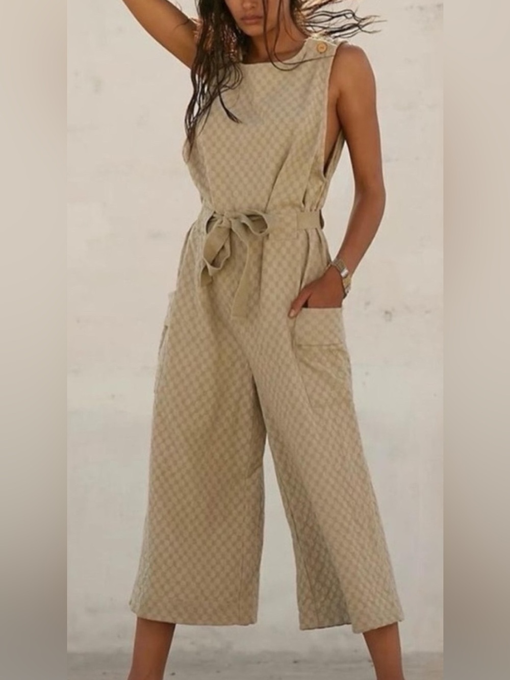 Free People NWOT “She’s a Catch” Sleeveless Tie-Waist Wide-Leg Jumpsuit in Taupe